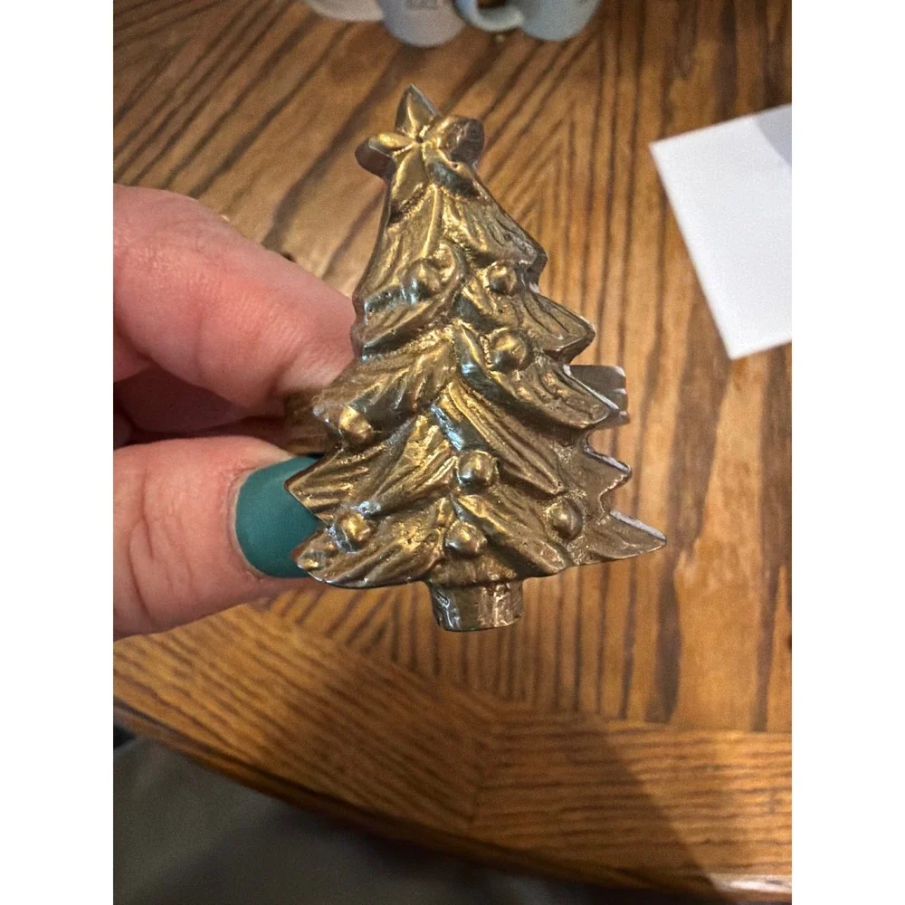 Vintage Solid Brass Christmas Tree Napkin Rings Set of 8 Gold Holiday Decor